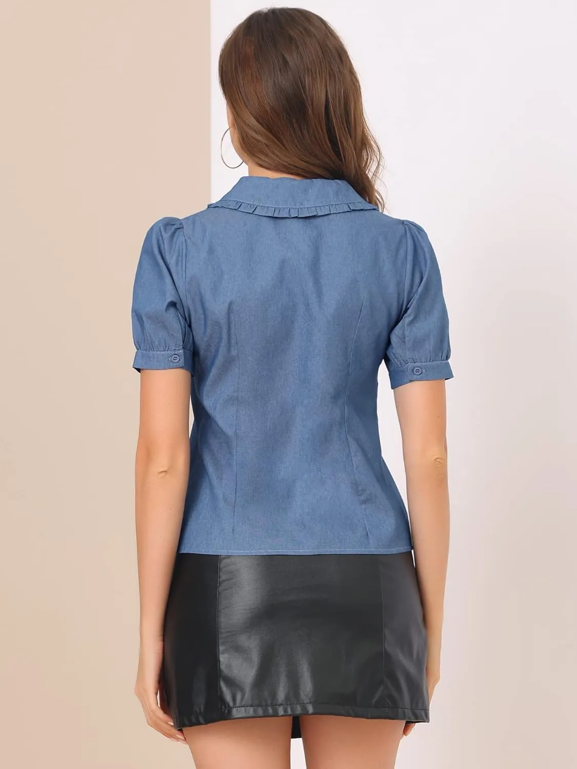 Allegra K Chambray Shirt for Women's Peter Pan Collar Puff Sleeve Vintage Denim Blouse