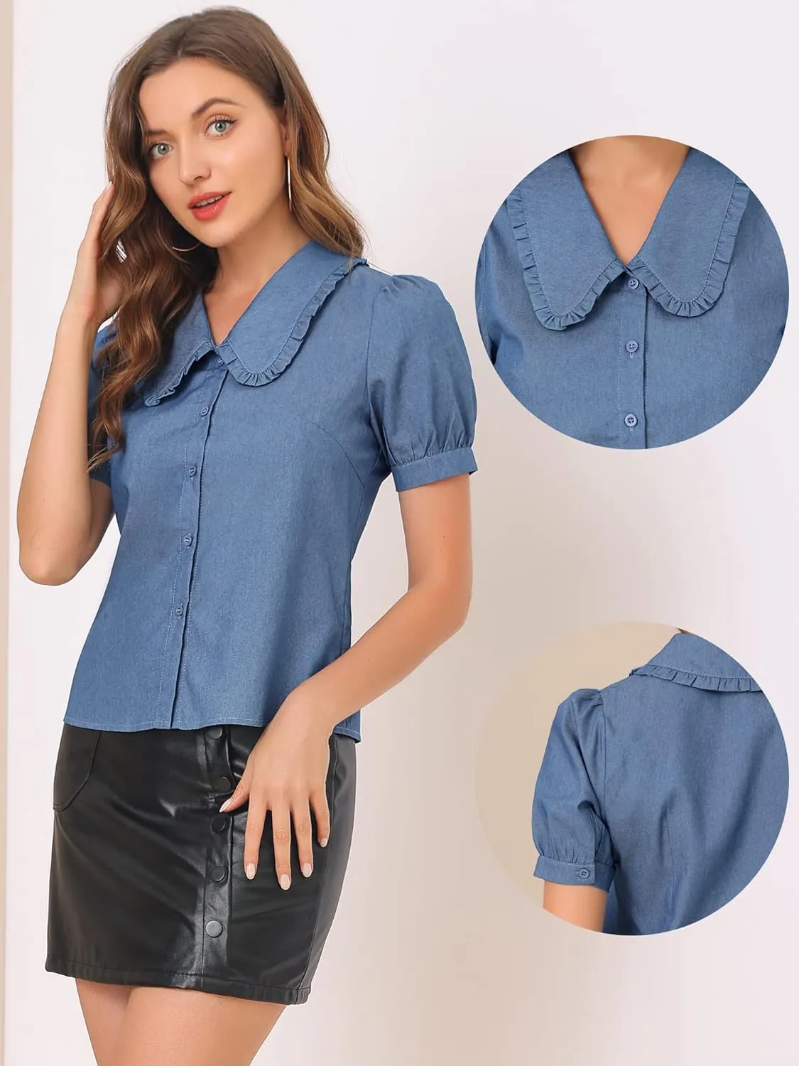 Allegra K Chambray Shirt for Women's Peter Pan Collar Puff Sleeve Vintage Denim Blouse