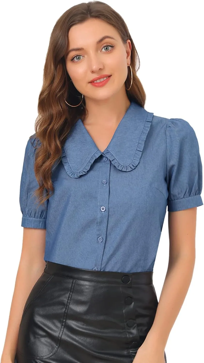 Allegra K Chambray Shirt for Women's Peter Pan Collar Puff Sleeve Vintage Denim Blouse