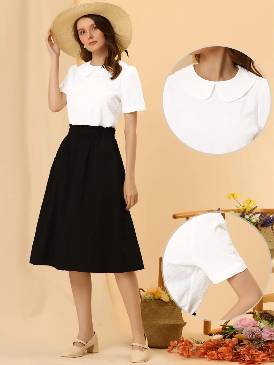 Allegra K Peter Pan Collar Blouse for Women's Floral Jacquard Puff Short Sleeve Kawaii Top