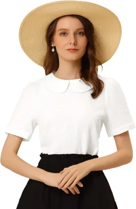 Allegra K Peter Pan Collar Blouse for Women's Floral Jacquard Puff Short Sleeve Kawaii Top