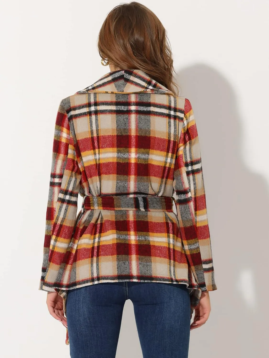 Allegra K Women's Turn Down Collar Asymmetric Hem Thin Plaids Wrap Coat