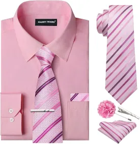 Barry.Wang Solid Colors Mens Dress Shirt and Tie Set Formal Business Wedding Shirts Long Sleeve Button Down Casual 6PCS