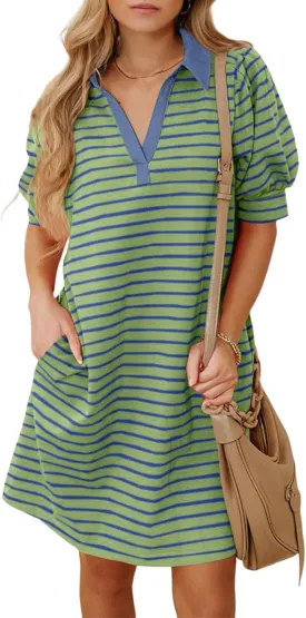 BLENCOT Women's Casual Polo V Neck T Shirt Striped Dress Summer Puff Short Sleeve MIdi Dresses