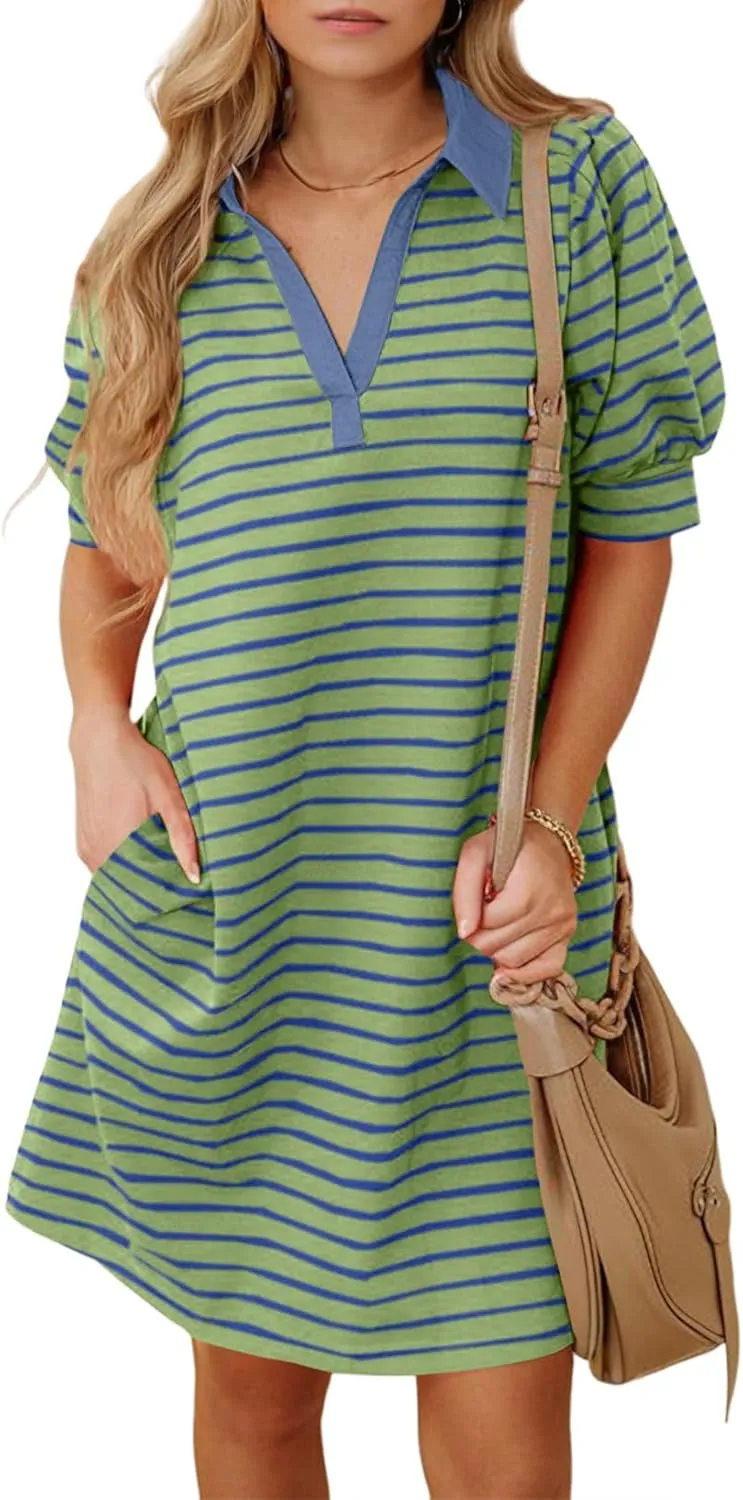 BLENCOT Women's Casual Polo V Neck T Shirt Striped Dress Summer Puff Short Sleeve MIdi Dresses