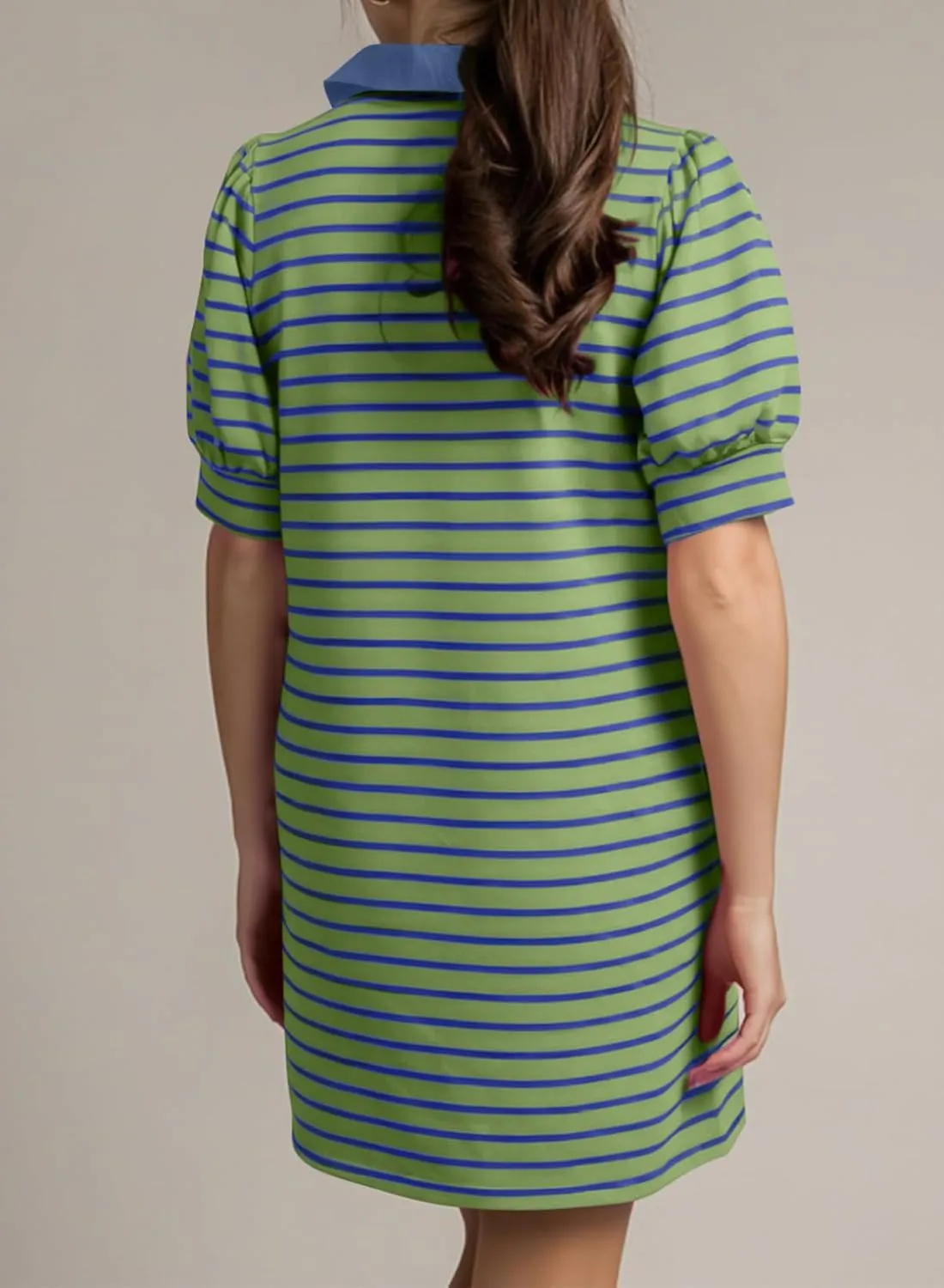 BLENCOT Women's Casual Polo V Neck T Shirt Striped Dress Summer Puff Short Sleeve MIdi Dresses
