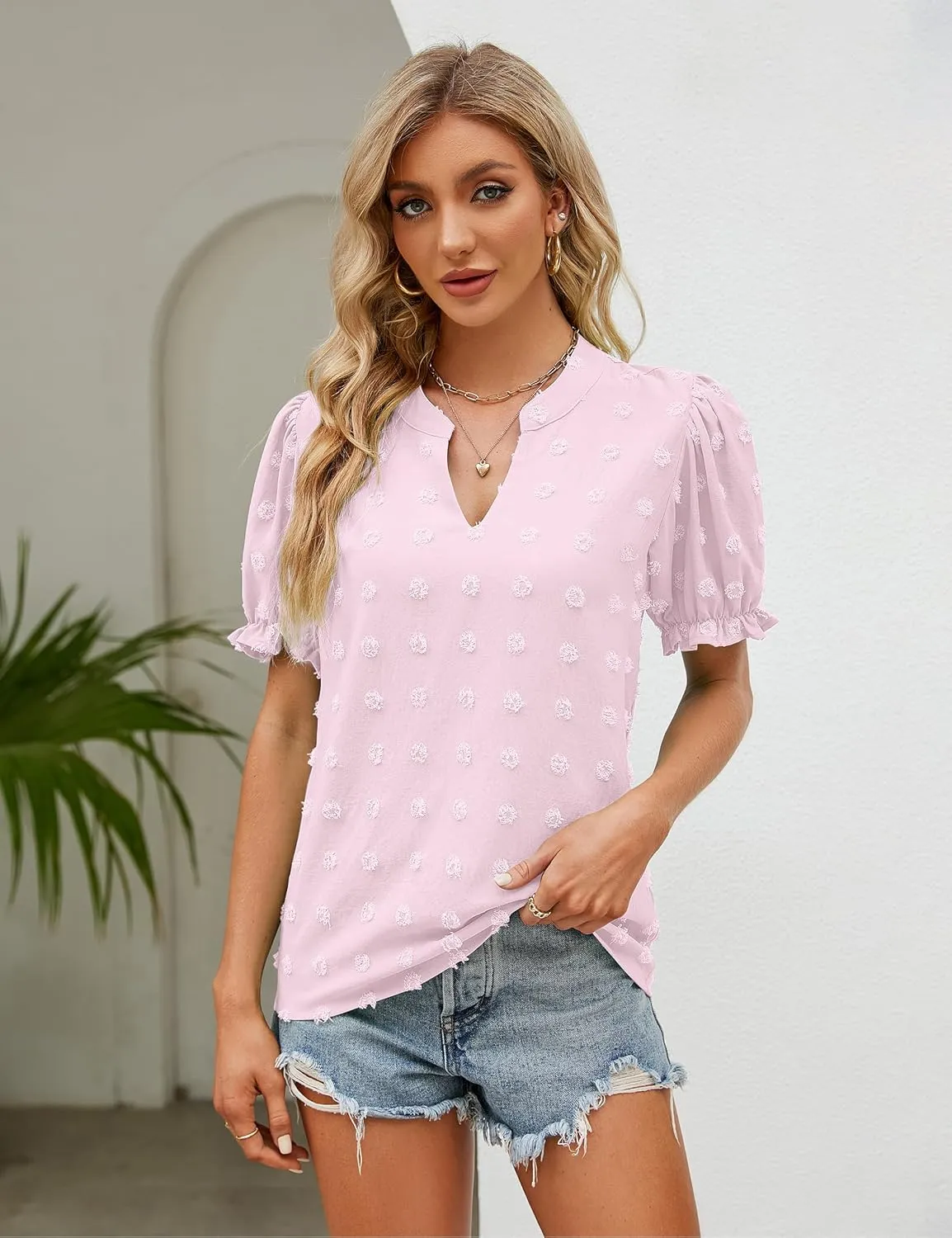 Blooming Jelly Women's Puff Sleeve Casual Tops Fashion White Polka Dot Blouses Dressy Ladies Summer Tops