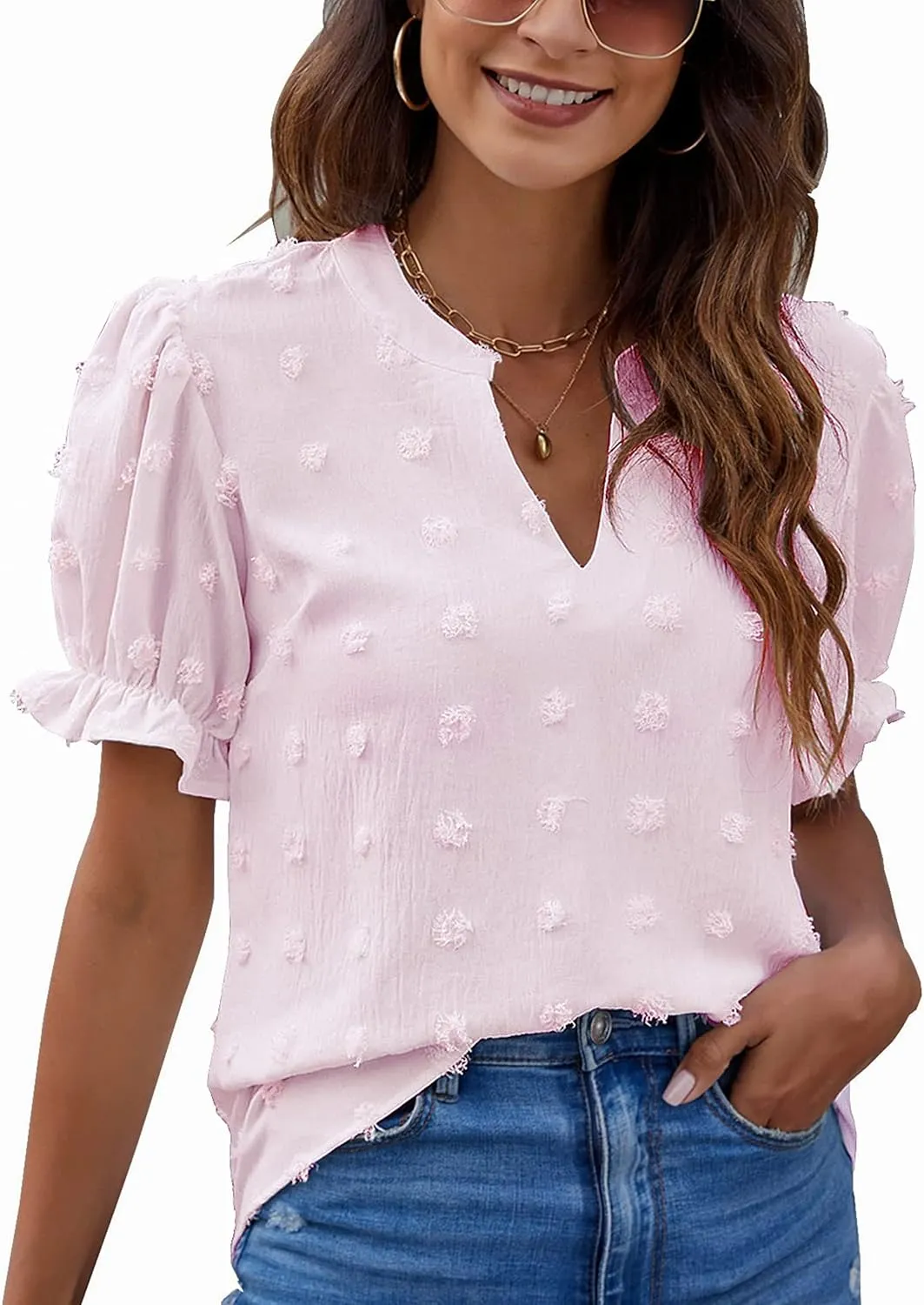 Blooming Jelly Women's Puff Sleeve Casual Tops Fashion White Polka Dot Blouses Dressy Ladies Summer Tops