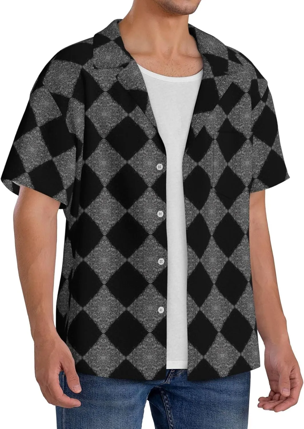 BREAUX Black White Glitter Print Men's Fashionable Cuban Collar Shirts for Tropical Parties and Casual Occasions