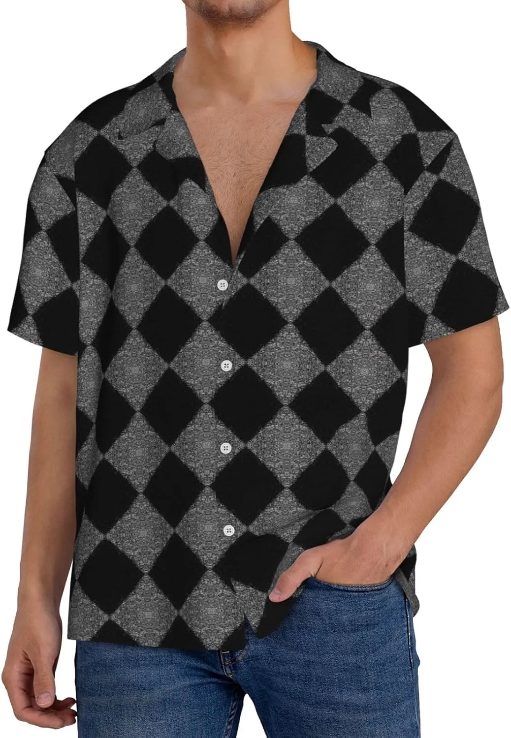 BREAUX Black White Glitter Print Men's Fashionable Cuban Collar Shirts for Tropical Parties and Casual Occasions