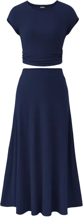 BTFBM Women Two Piece Skirt Set Summer 2025 Casual Vacation Crew Neck Short Sleeve Cropped Top Elastic Waist Midi Skirts