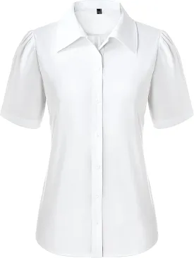 Button Down Shirts for Women Puff Short Sleeve Button Up Dress Shirts Collared Fitted Blouse Work Business Top