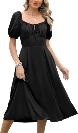Caracilia Women Summer Boho Midi Dresses Puff Sleeve Square Neck Floral Bridal Shower Wedding Guest Flowy Sundress