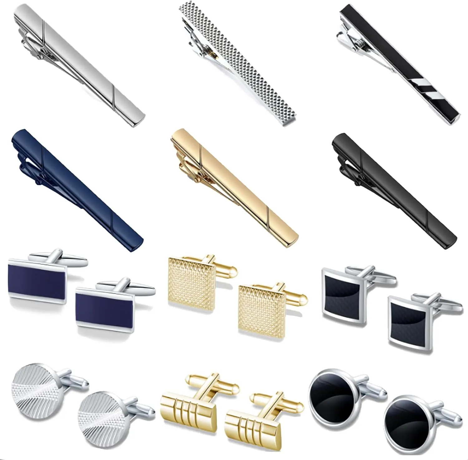 CASDAN Men's Cufflinks and Tie Clips Set for Men Classic Tie Bar Clip Necktie Clip Tuxedo Shirt Cuff Links Set for Wedding Business and Daily