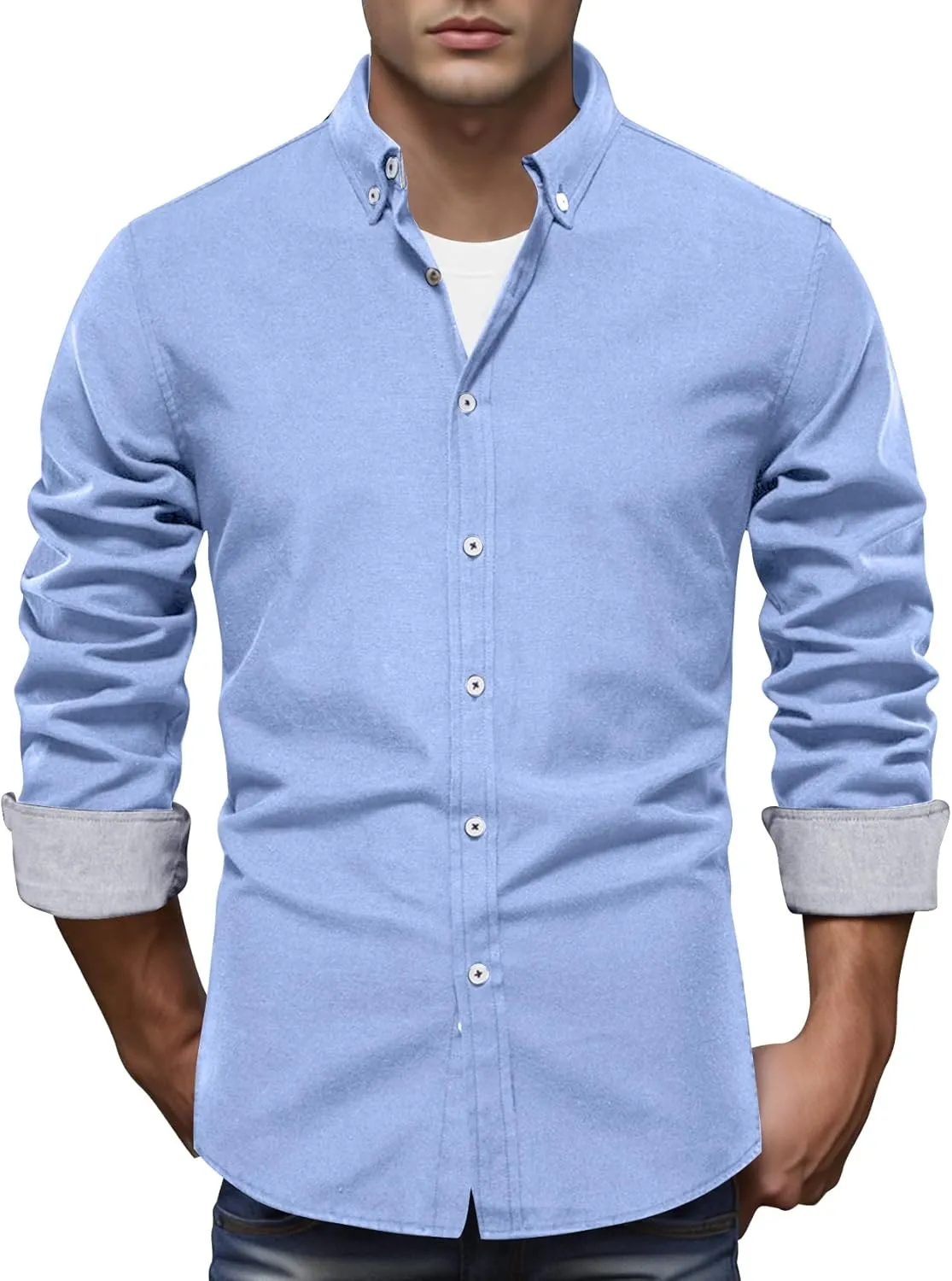 COZYPOIN Mens Dress Shirts Long Sleeve Wrinkle Free Regular Fit Inner Contrast Casual Business Wedding Button Down Shirt