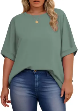 DOLNINE Womens-Plus-Size-Tops Casual Rolled Short Sleeve Crewneck Oversized Tunic Shirts XL-5XL