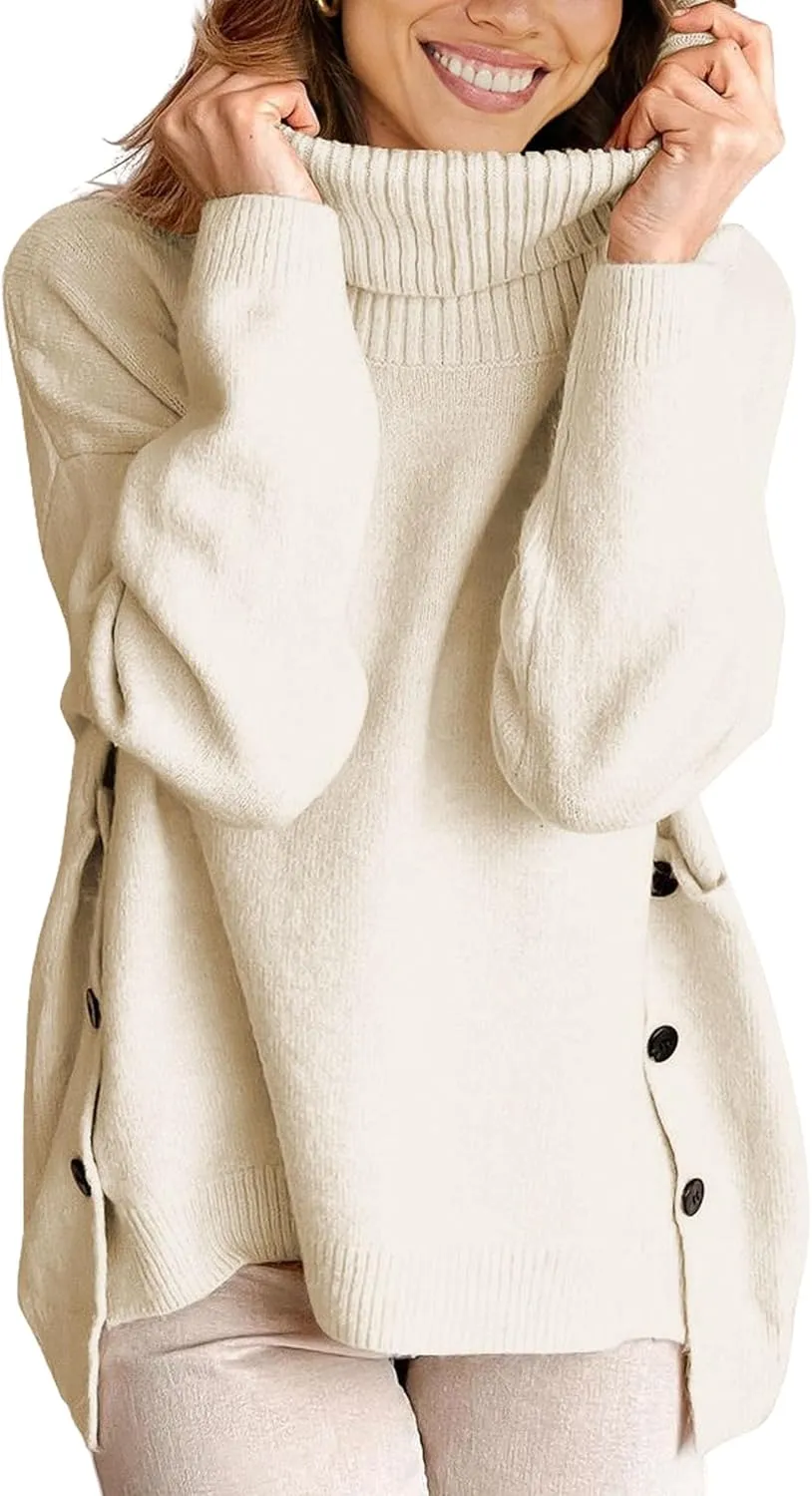 ECOWISH Women Fall Pullover Sweater Turtleneck Plaid Long Sleeve Loose Casual Chunky Checked Knit Winter Sweaters Jumper Tops B-Light Beige XL