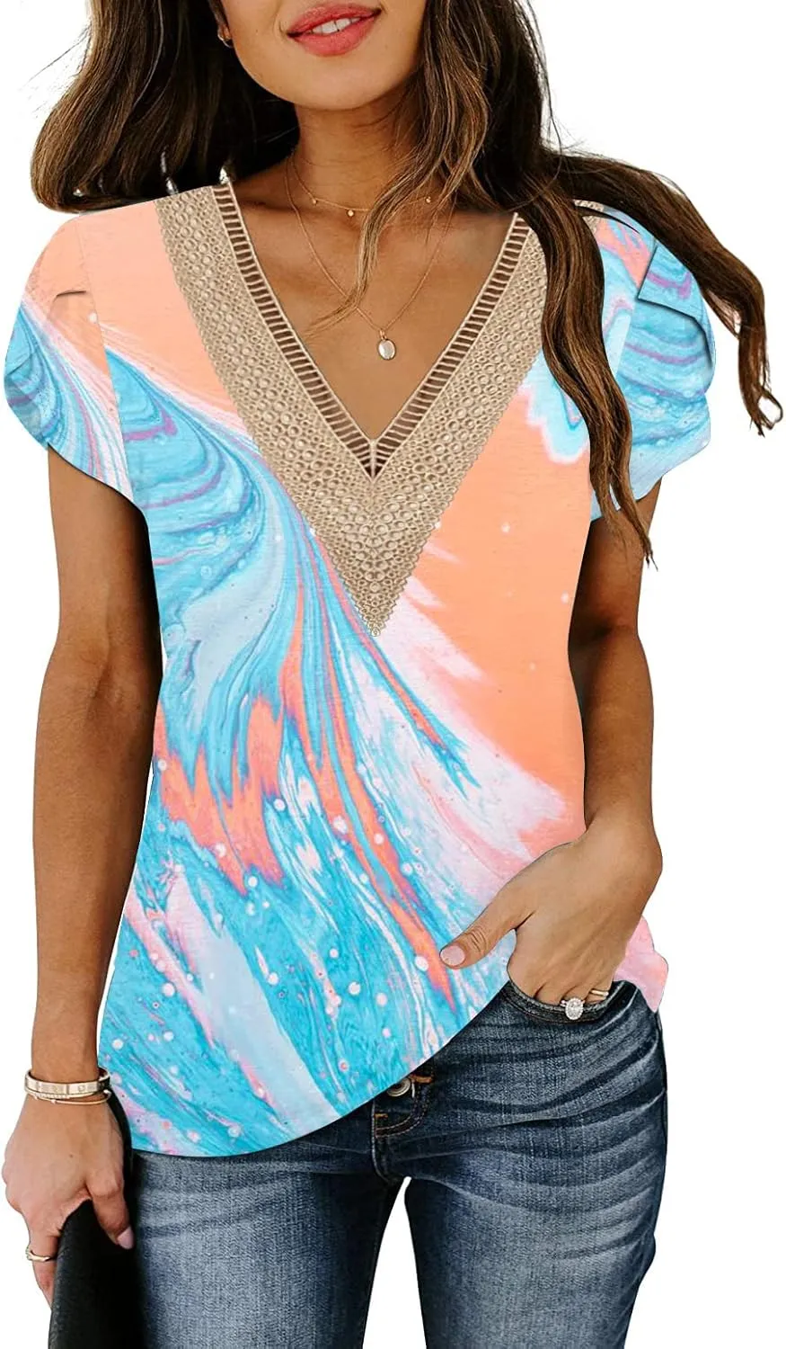 ETCYY Womens Summer Tops 2025 Trendy Casual Spring Striped Print Cute Petal V Neck Cap Short Sleeve Shirts
