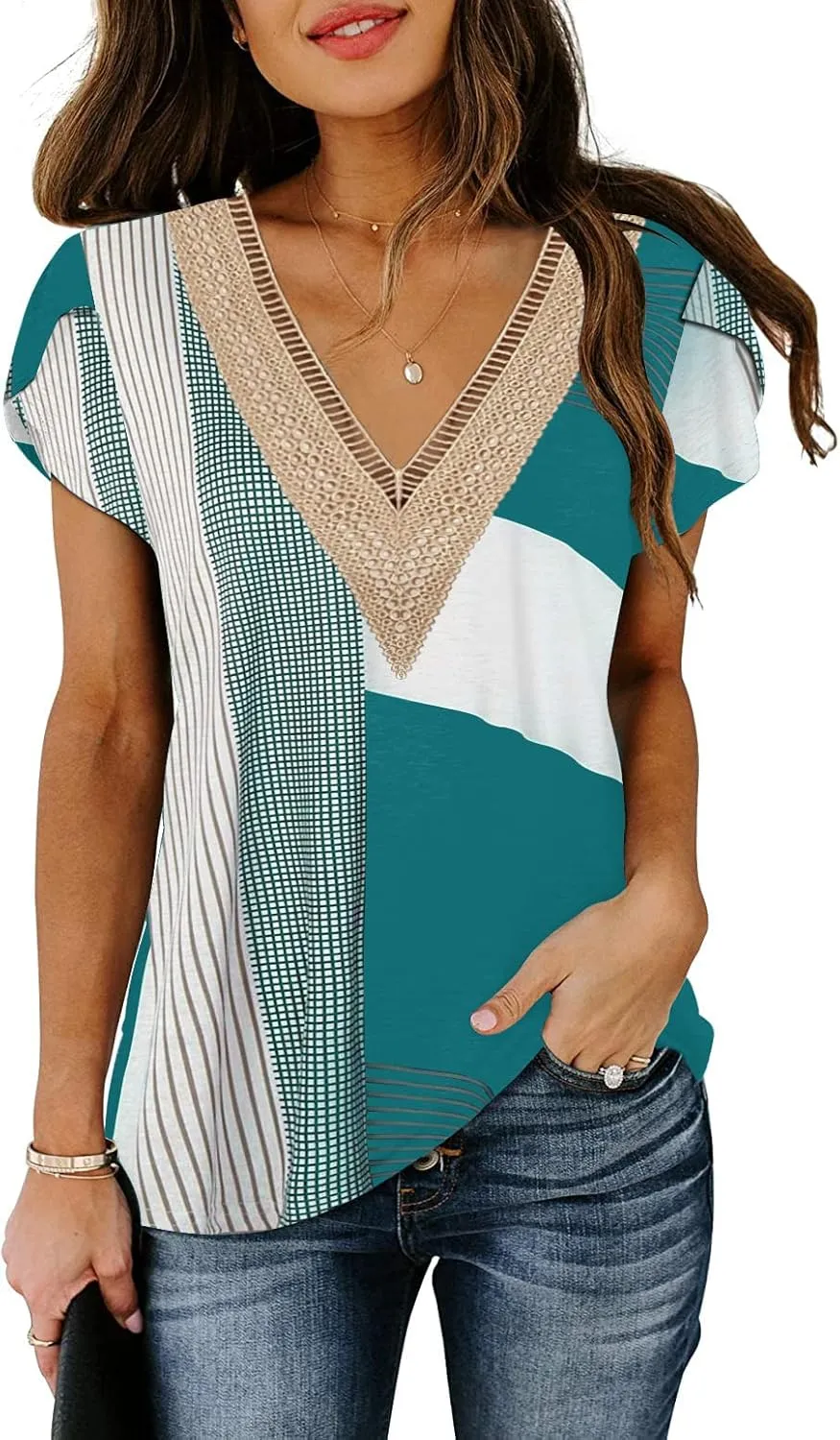ETCYY Womens Summer Tops 2025 Trendy Casual Spring Striped Print Cute Petal V Neck Cap Short Sleeve Shirts