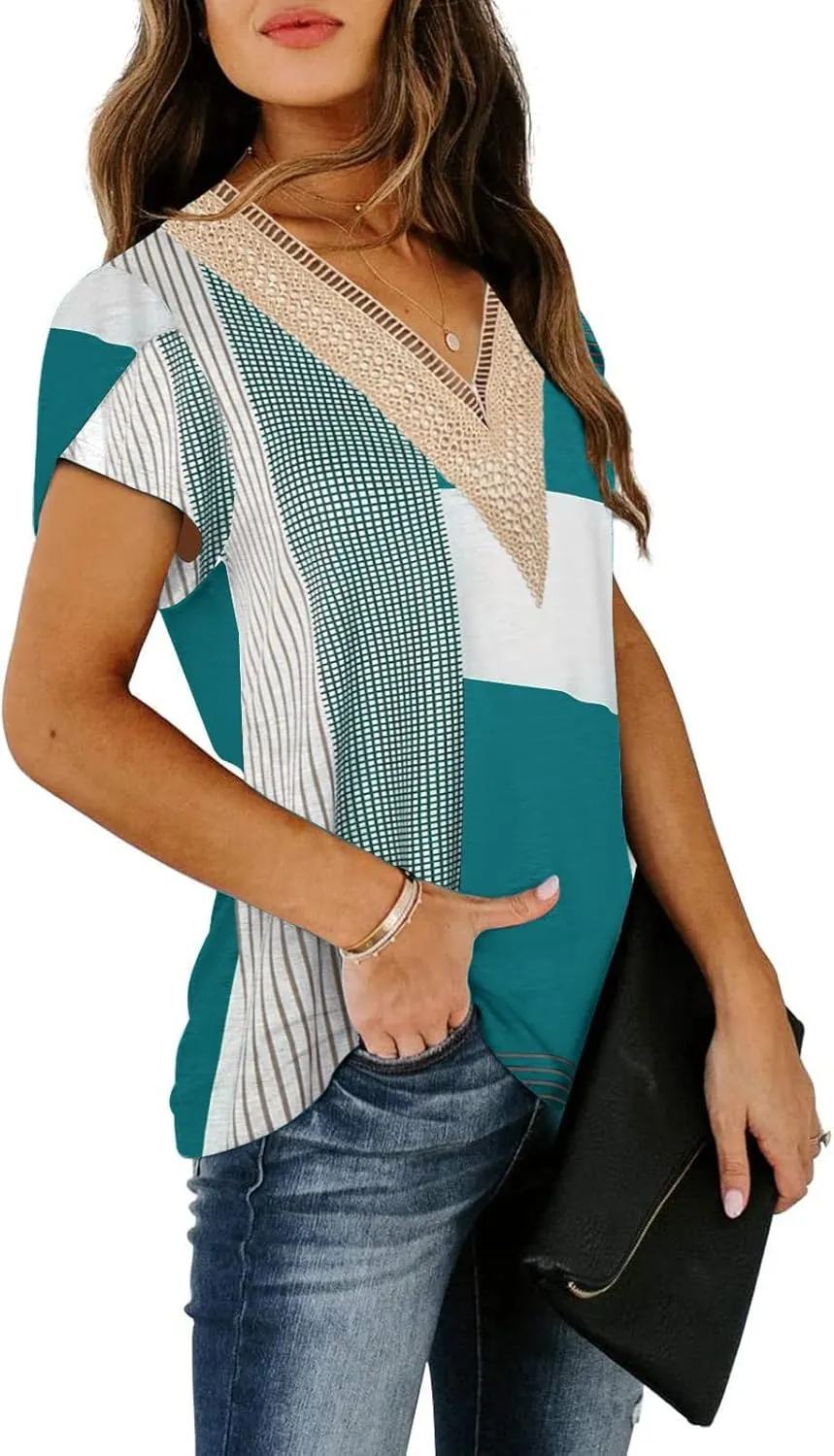 ETCYY Womens Summer Tops 2025 Trendy Casual Spring Striped Print Cute Petal V Neck Cap Short Sleeve Shirts