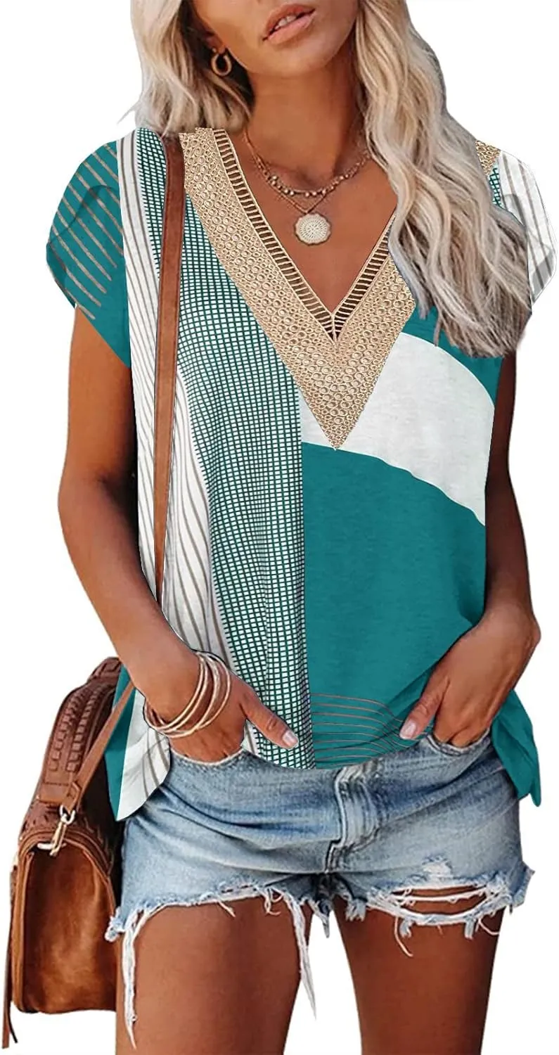 ETCYY Womens Summer Tops 2025 Trendy Casual Spring Striped Print Cute Petal V Neck Cap Short Sleeve Shirts
