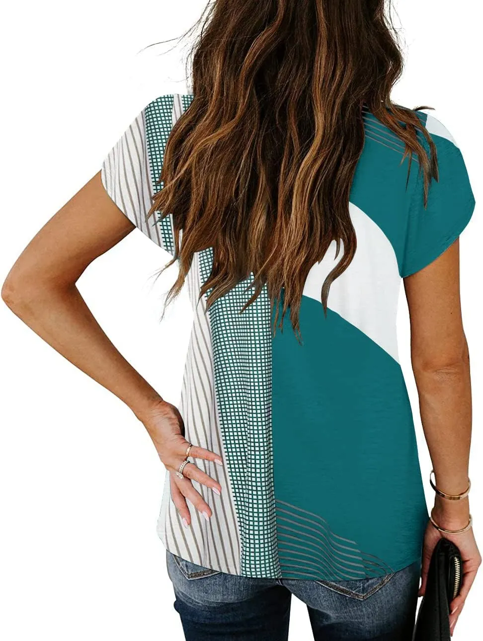 ETCYY Womens Summer Tops 2025 Trendy Casual Spring Striped Print Cute Petal V Neck Cap Short Sleeve Shirts