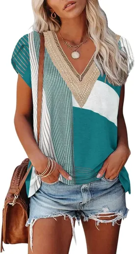 ETCYY Womens Summer Tops 2025 Trendy Casual Spring Striped Print Cute Petal V Neck Cap Short Sleeve Shirts