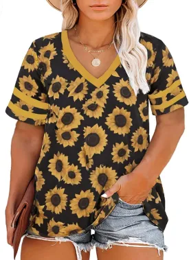 Happy Sailed Womens Plus Size Tunic Tops Summer Short Sleeve V Neck Striped Loose Casual Tee Shirt(1X-5X)