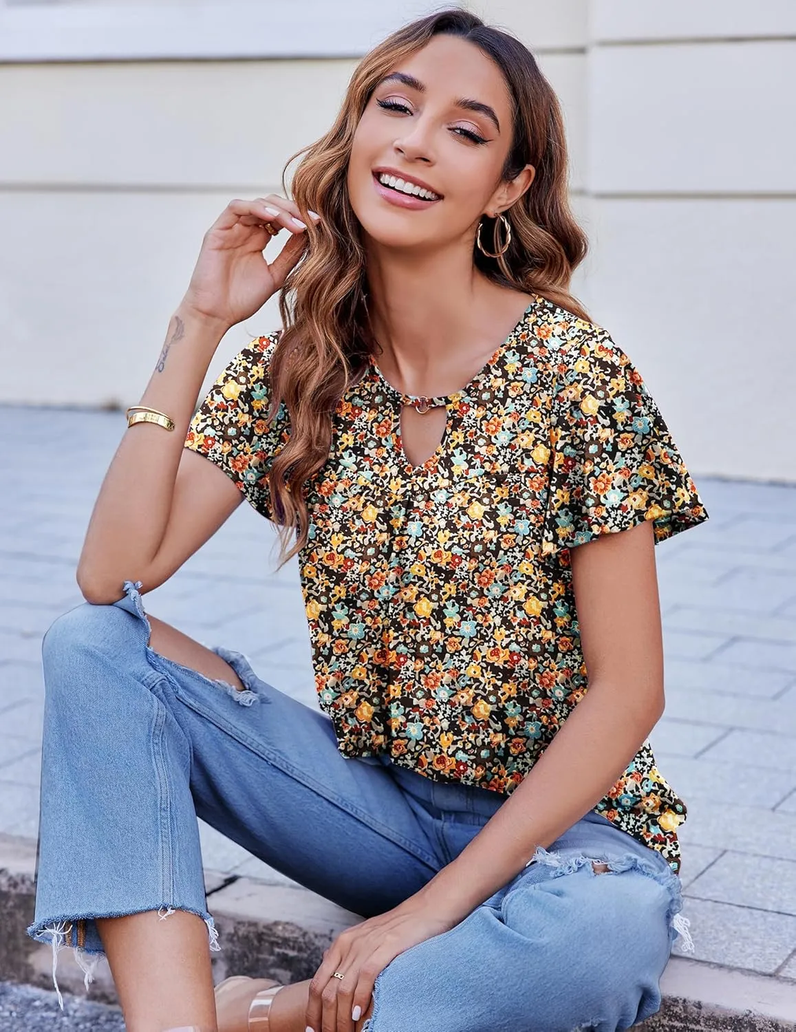 HOTOUCH Womens Short Sleeve Tunic Tops V Neck Loose Fit Ruffle Sleeve Shirts Summer Floral Dressy Casual Boho Blouses