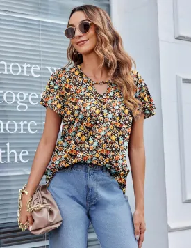 HOTOUCH Womens Short Sleeve Tunic Tops V Neck Loose Fit Ruffle Sleeve Shirts Summer Floral Dressy Casual Boho Blouses