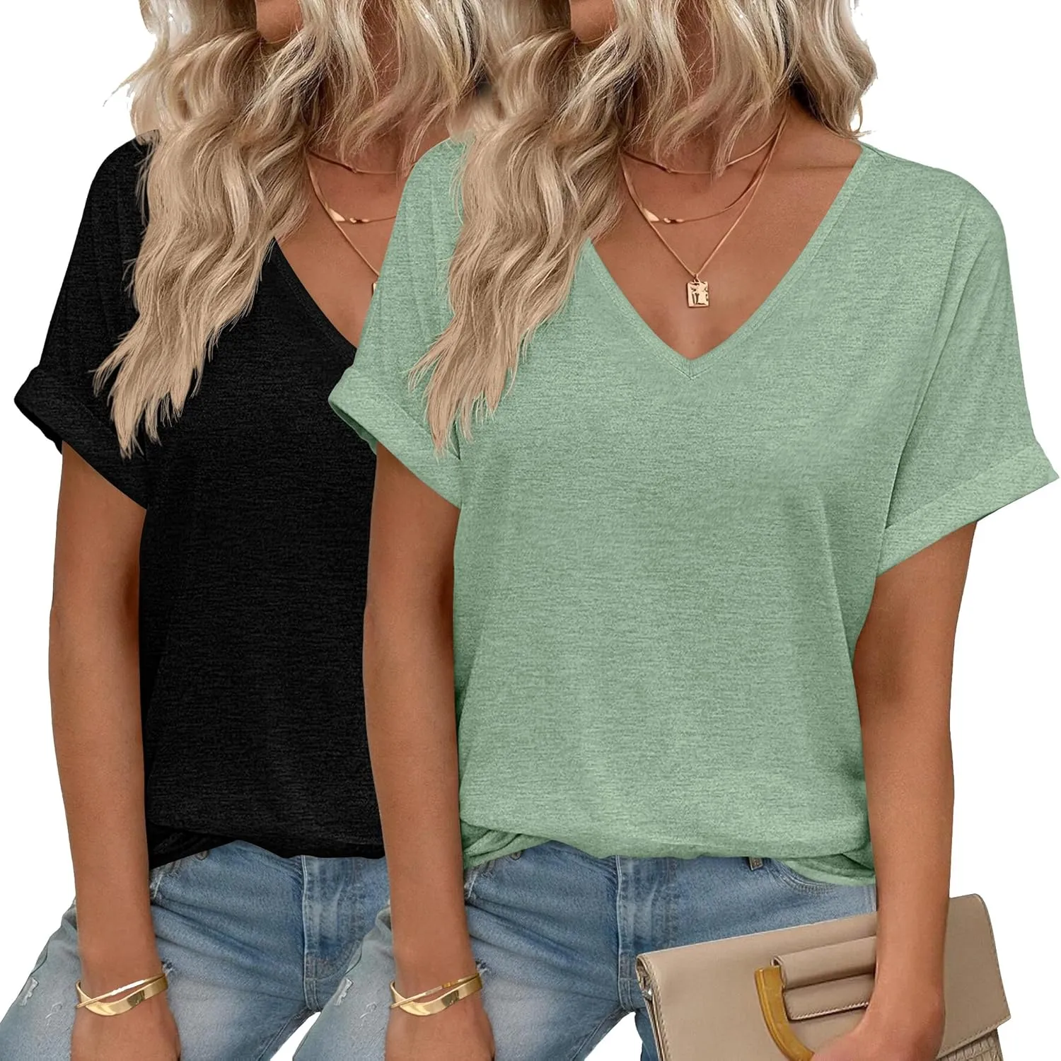 HOTOUCH Womens Summer Tops Roll-up Short Sleeve V Neck Basic T Shirts Workout Soft Fashion Trendy Plain Casual Tees