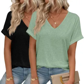HOTOUCH Womens Summer Tops Roll-up Short Sleeve V Neck Basic T Shirts Workout Soft Fashion Trendy Plain Casual Tees