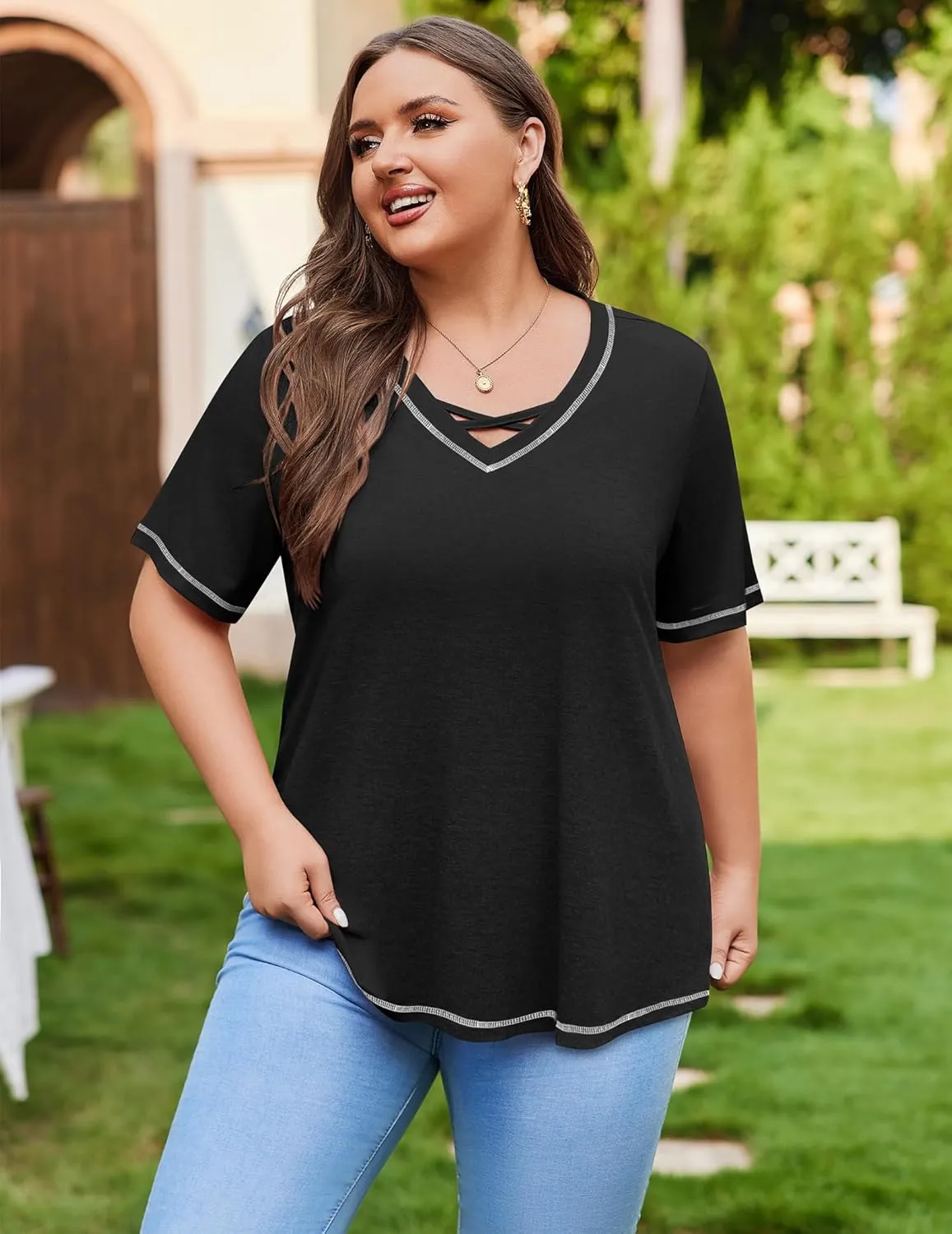 IN'VOLAND Women Plus Size Tunic Tops Summer Short Sleeve V Neck Criss Cross Shirts Casual Loose Plain Tee Shirt