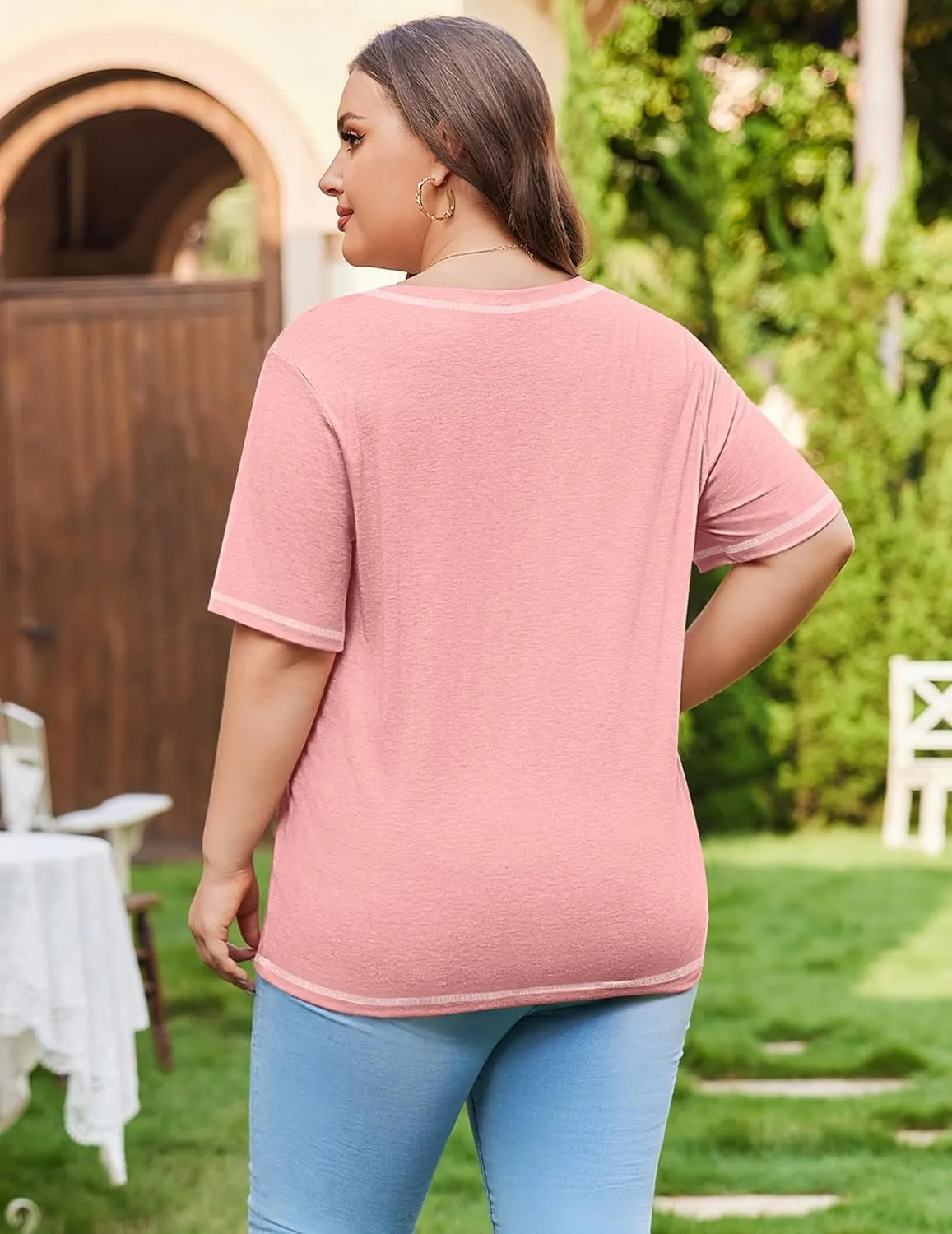 IN'VOLAND Women Plus Size Tunic Tops Summer Short Sleeve V Neck Criss Cross Shirts Casual Loose Plain Tee Shirt