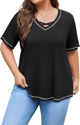 IN'VOLAND Women Plus Size Tunic Tops Summer Short Sleeve V Neck Criss Cross Shirts Casual Loose Plain Tee Shirt