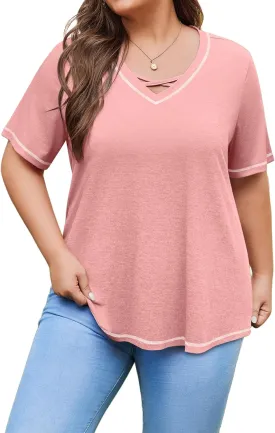 IN'VOLAND Women Plus Size Tunic Tops Summer Short Sleeve V Neck Criss Cross Shirts Casual Loose Plain Tee Shirt