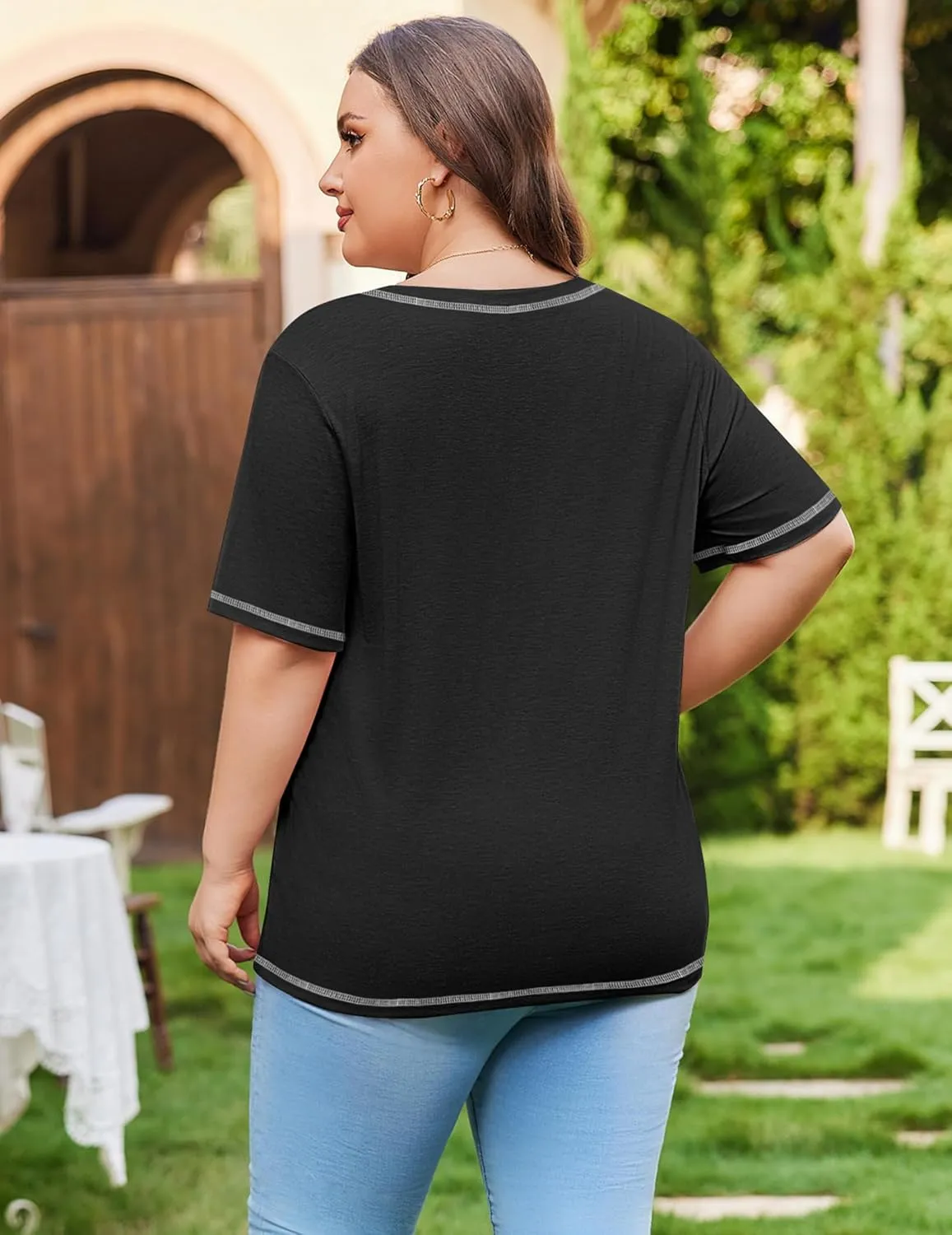 IN'VOLAND Women Plus Size Tunic Tops Summer Short Sleeve V Neck Criss Cross Shirts Casual Loose Plain Tee Shirt