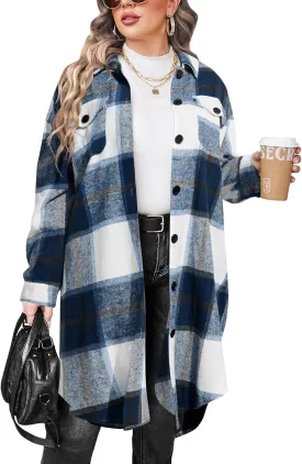 IN'VOLAND Womens Plus Size Flannel Plaid Shirts Long Sleeve Lounge Lapel Boyfriend Button Down Tartan Long Jacket Coats
