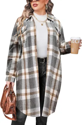 IN'VOLAND Womens Plus Size Flannel Plaid Shirts Long Sleeve Lounge Lapel Boyfriend Button Down Tartan Long Jacket Coats