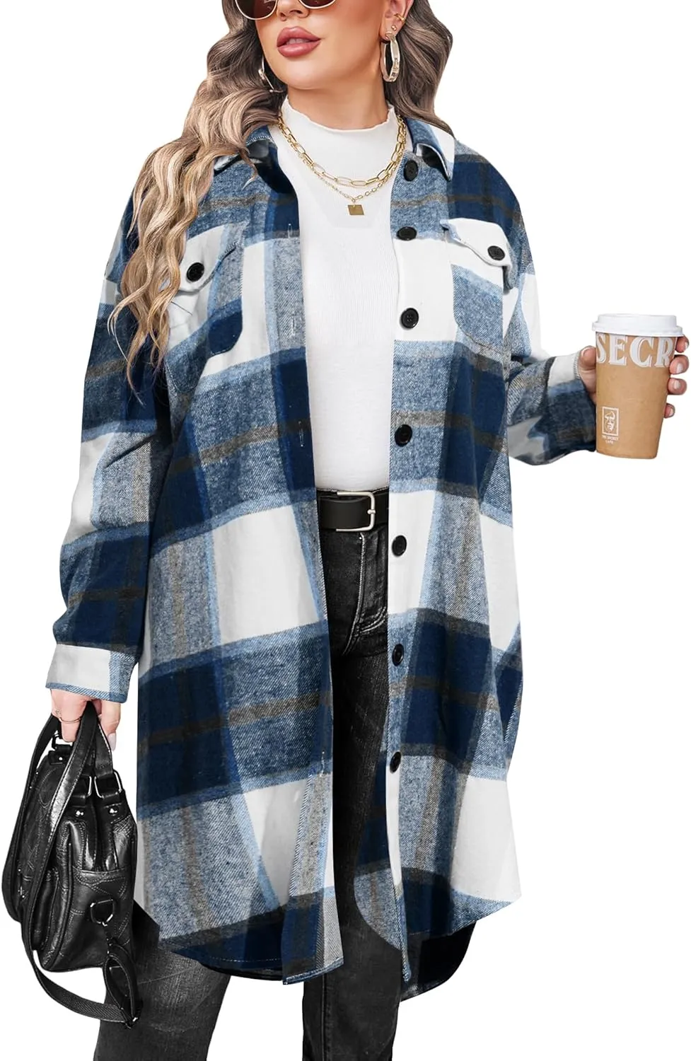 IN'VOLAND Womens Plus Size Flannel Plaid Shirts Long Sleeve Lounge Lapel Boyfriend Button Down Tartan Long Jacket Coats