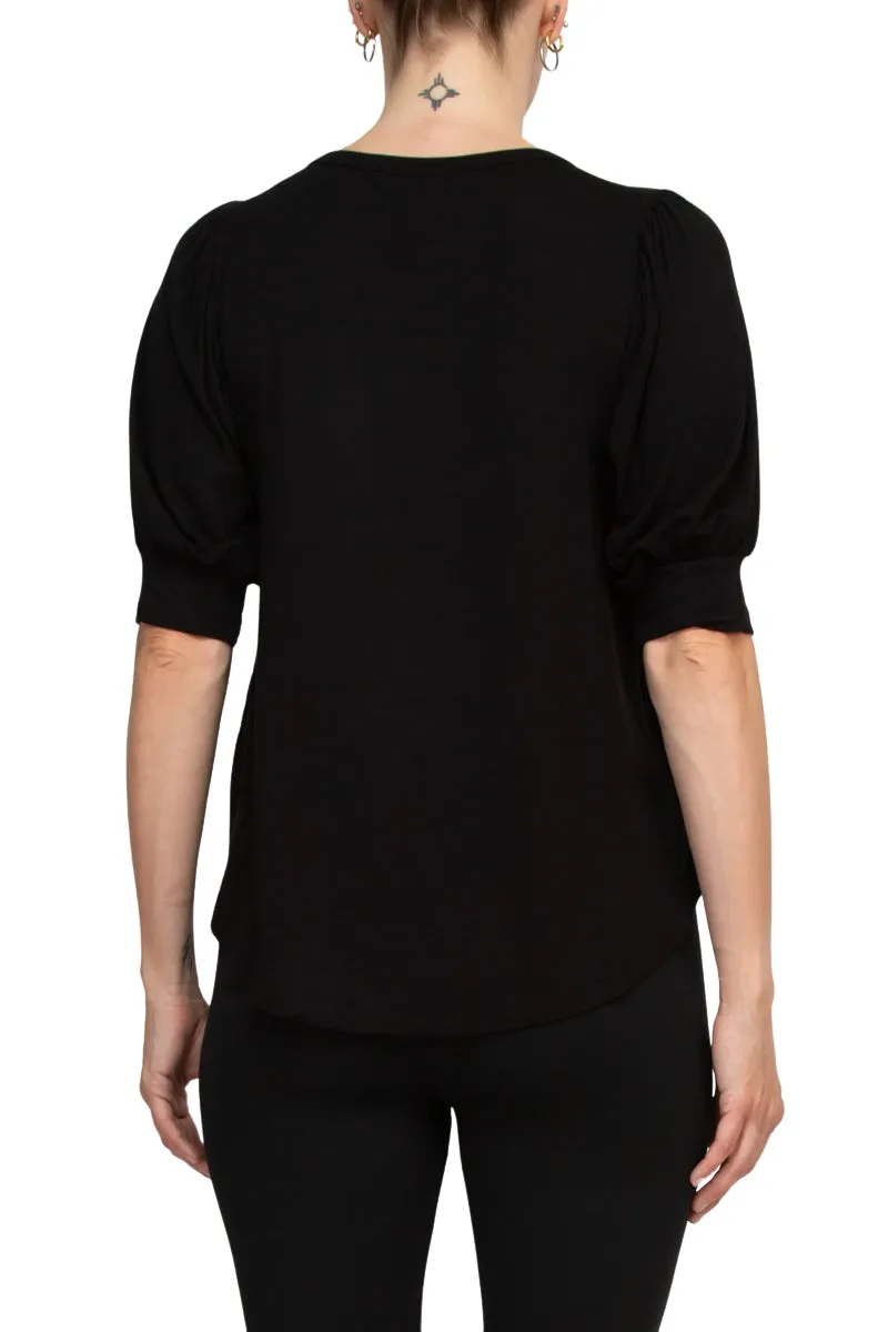 Joan Vass NY Scoop Neck Short Shirred Sleeve Solid Shirttail Hem