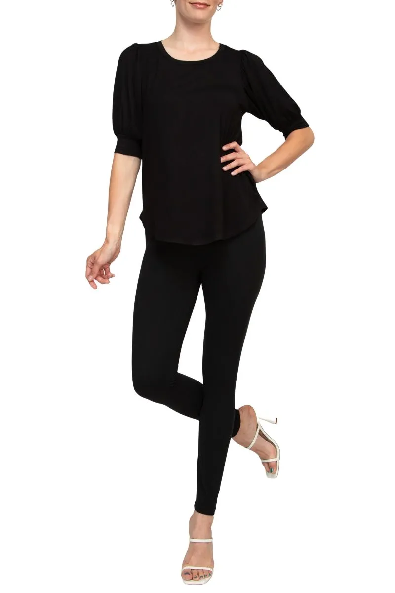 Joan Vass NY Scoop Neck Short Shirred Sleeve Solid Shirttail Hem