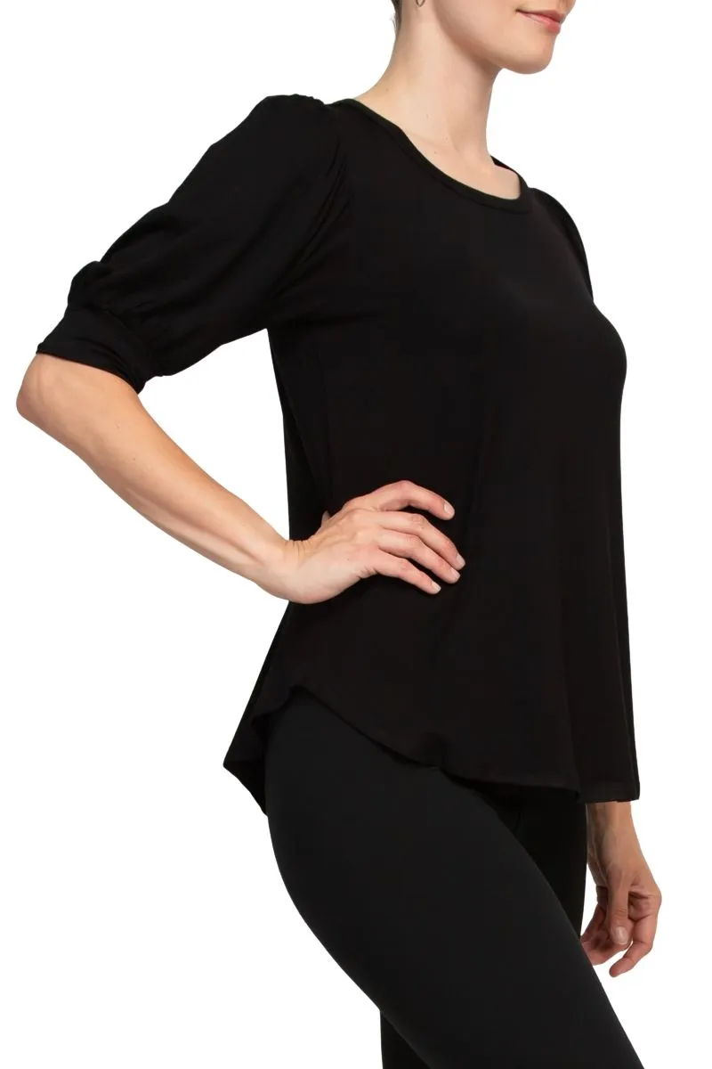 Joan Vass NY Scoop Neck Short Shirred Sleeve Solid Shirttail Hem