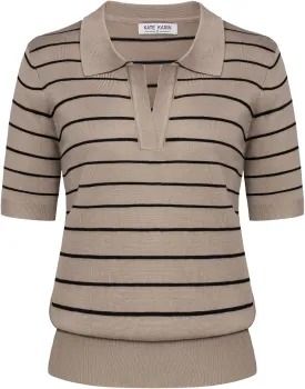 Kate Kasin Women Short Sleeve Polo Sweater V Neck Knitted Tops Casual Ribbed Shirt Loose Pullover Sweater