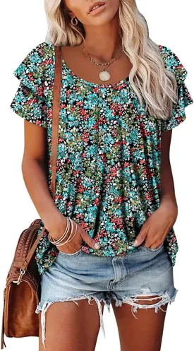 Magritta Womens Shirts Dressy Casual Short Sleeve Blouses Loose Fit Pleated Front Summer Tunic Tops