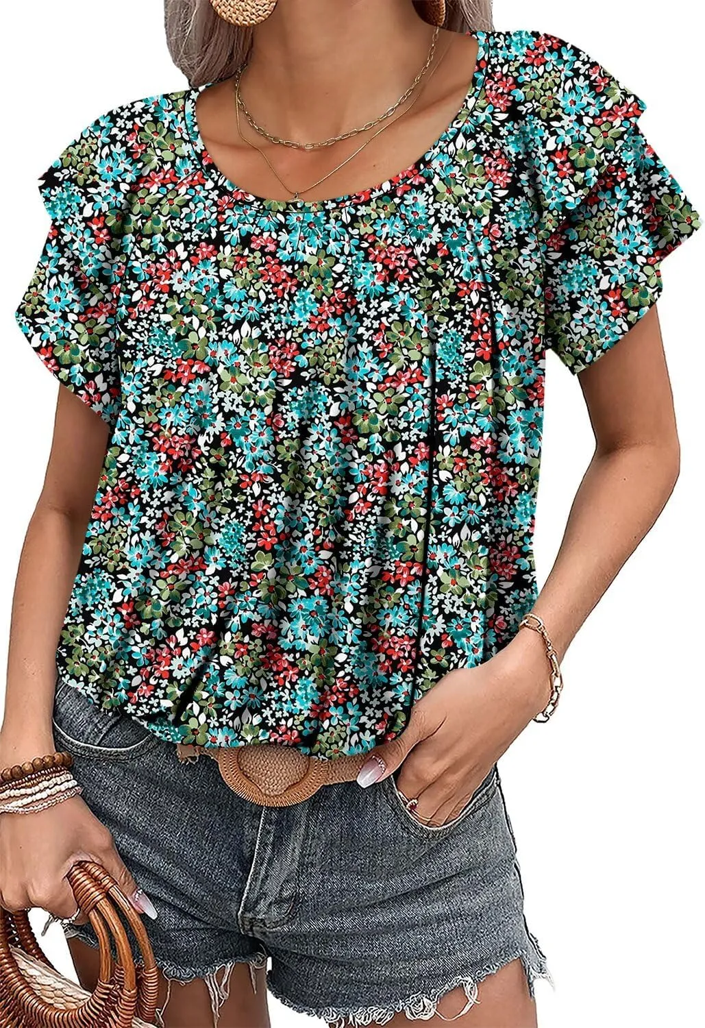 Magritta Womens Shirts Dressy Casual Short Sleeve Blouses Loose Fit Pleated Front Summer Tunic Tops