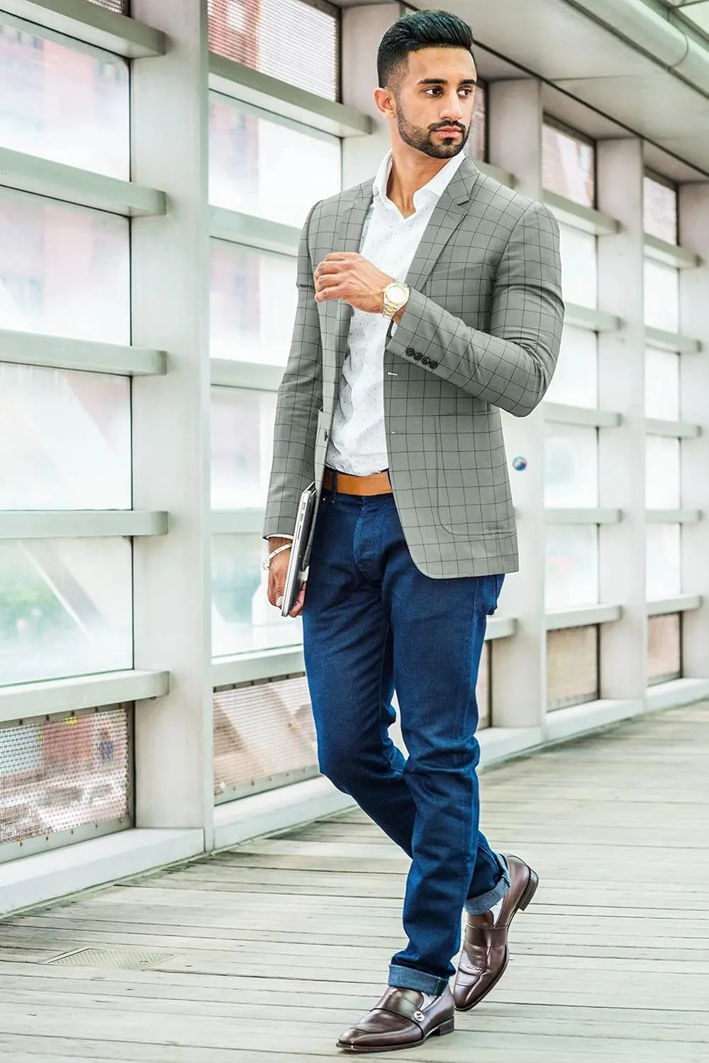 Men's Plaid Checked Blazer 2 Button Long Sleeve Regular Daily Fit Suit Jacket Business Lightweight Casual Sport Coat