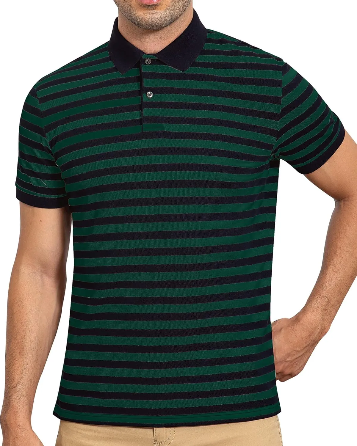 Mens Polo Shirts Short Sleeve Striped Cotton Collar Fitted Pique Work Golf Shirts for Men