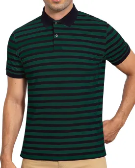 Mens Polo Shirts Short Sleeve Striped Cotton Collar Fitted Pique Work Golf Shirts for Men