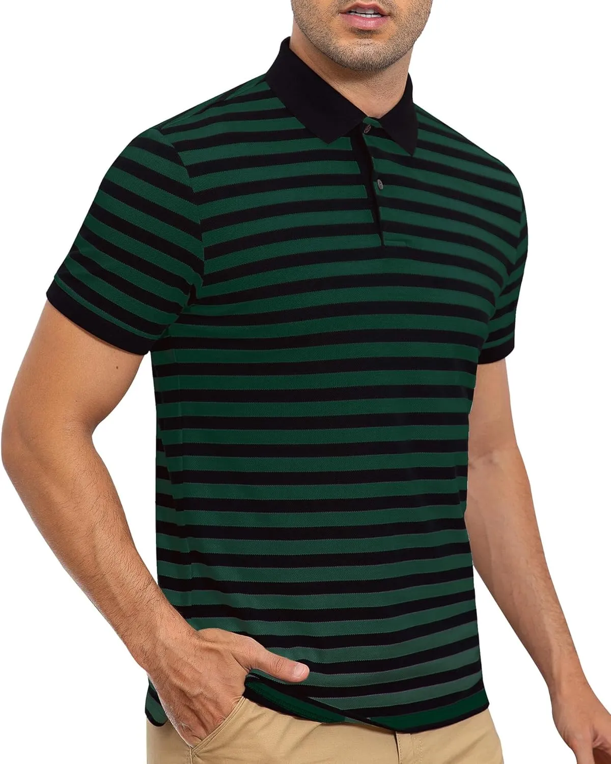 Mens Polo Shirts Short Sleeve Striped Cotton Collar Fitted Pique Work Golf Shirts for Men